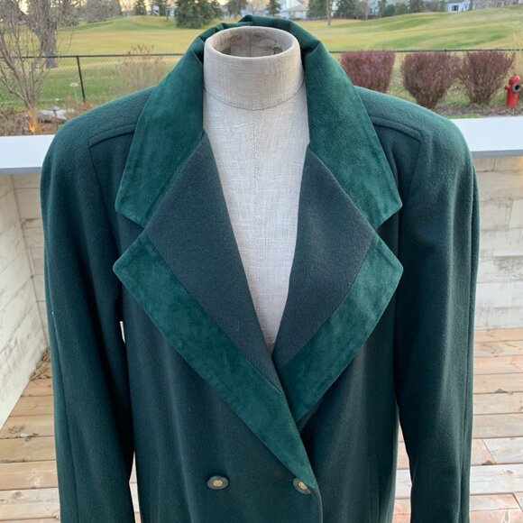 Vintage Forest Green Wool Suede Trim Double Breasted Overcoat Maxi Trench Coat - Picture 2 of 16